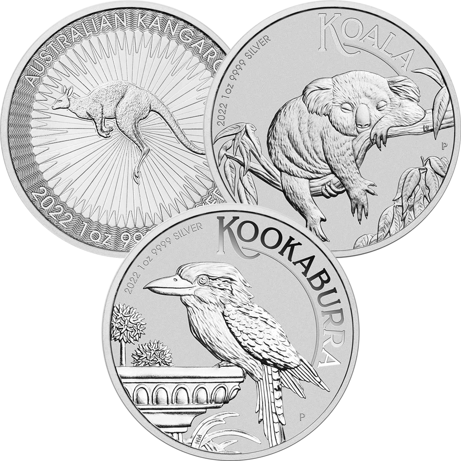 2022 Australian Kangaroo, Koala, & Kookaburra 1oz Silver Coin Collection (3 Coins)