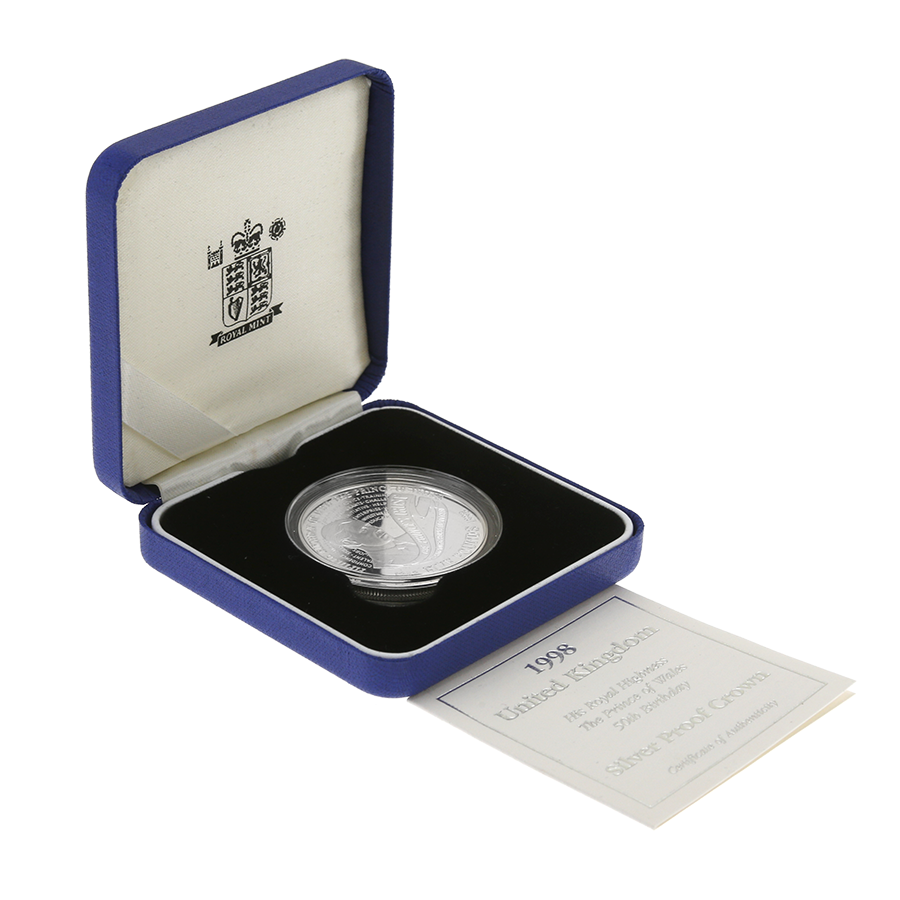 Pre-Owned 1998 UK Prince of Wales 50th Birthday Silver Proof Crown - VAT Free (Image 1)
