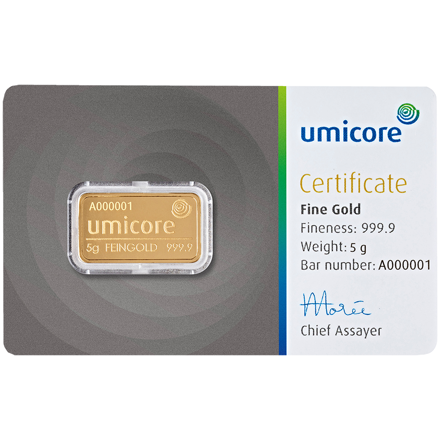 Umicore 5g Stamped Gold Bar in Assay