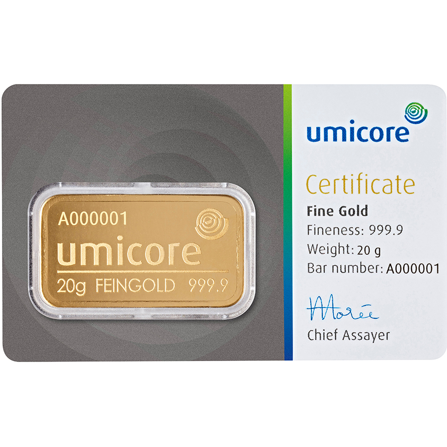 Umicore 20g Gold Stamped Bar in Assay (Image 3)