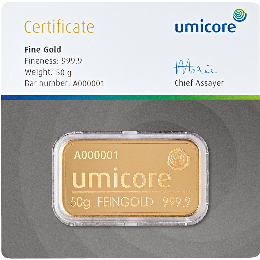 Umicore 50g Gold Stamped Bar in Assay (Image 3)