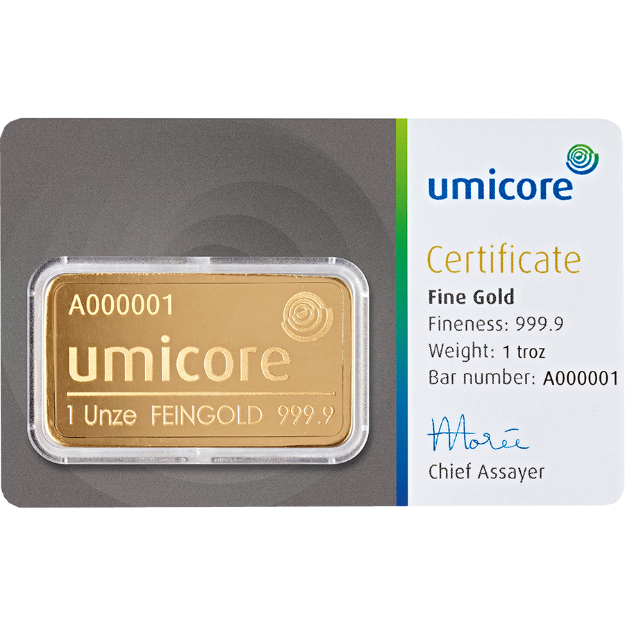 Umicore 1oz Gold Stamped Bar in Assay (Image 3)