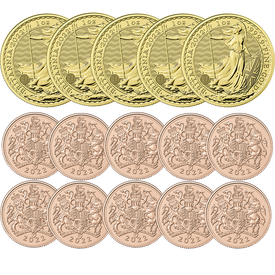 2022 UK 5x Britannia 1oz Gold Coins & 10x Full Sovereign Gold Coins Bundle (Image 1)