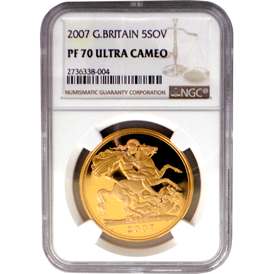 Pre-Owned 2007 UK Proof Quintuple £5 Sovereign Gold Coin - NGC Graded PF 70  Ultra Cameo - 2736338-00